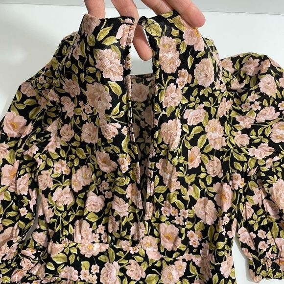 ZARA Women's Mini Dress Long Sleeve Tiered Ruffle Hem Floral Pink Black Small - Picture 7 of 7